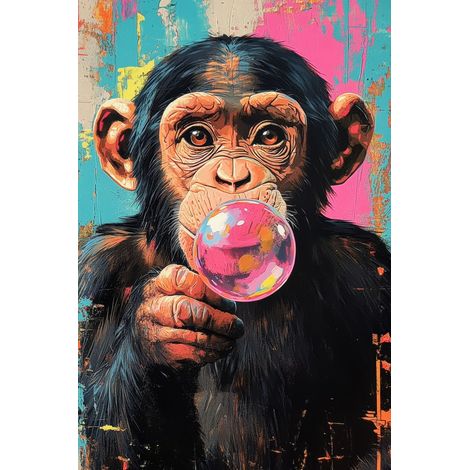 Tableau sur toile chimpanzé à la bulle de chewing-gum 45x65 cm - Impression sur Toile Murale Décorative - Image imprimée en HD sur Toile - Toile sur Châssis en Bois FSC - Fabriqué en France (1/4)