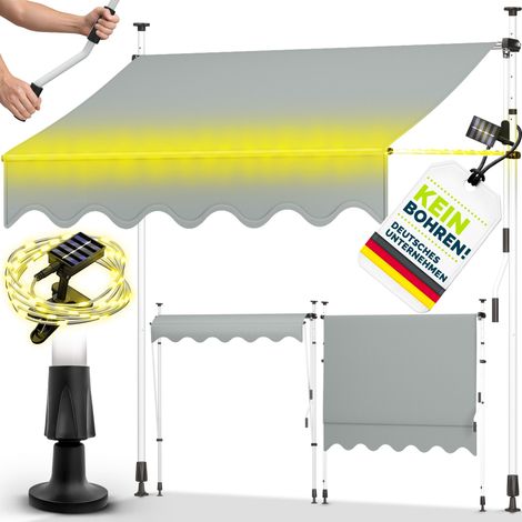 tillvex Klemmmarkise 250 cm Hellgrau mit LED mit Handkurbel Balkon Balkonmarkise ohne Bohren Markise UV-beständig & höhenverstellbar Sonnenschutz wasserdicht