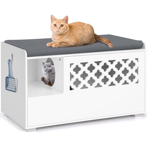 Costway – Maison de toilettes pour chat en bois avec coussin amovible – Accès facile par porte à rabat – Rangement intégré – Dimensions 90x48,5x52 cm – Blanc (1/5)