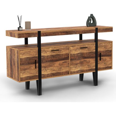 Idmarket – Buffet 140 cm 4 portes en bois effet vieilli et métal noir – Pieds épingle – Rangement optimisé pour salon – Style industriel