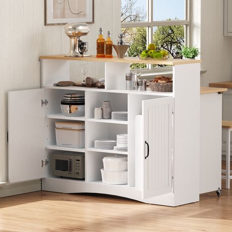 Desserte de cuisine moderne 110x34x97,5 cm – Îlot de cuisine avec plateau rabattable – Roulettes silencieuses – 2 chaises incluses – Idéal comme buffet pour cuisine et salle à manger – Blanc