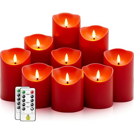 Bougies sans flamme avec télécommande, bougies sans flamme vacillantes à piles, bougies LED avec minuterie 2/4/6/8 h, ensemble de 9 bougies LED réalistes (D3 x H 3" 4" 5" 6" 7") (rouge) (1/5)