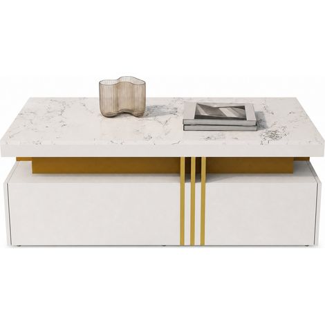 Ensemble meuble TV et table basse blanc aspect marbre, rangements modernes avec 2 tiroirs, supporte 30 kg, pour TV jusqu’à 90 pouces  CHICFURN (1/5)
