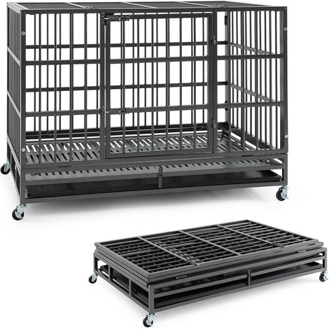 GOPLUS Cage pour Chien Pliable en Métal avec Roues Verrouillables, Cage avec Double Portes Verrouillables, Plateau Amovible, Cage Intérieur Extérieur pour Grand et Moyen Chien (48") (1/2)