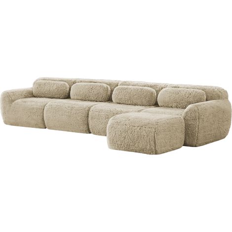 Sofá modular en L de 4 plazas, tejido de felpa premium, color beige claro, sin montaje, con cojines (1/5)