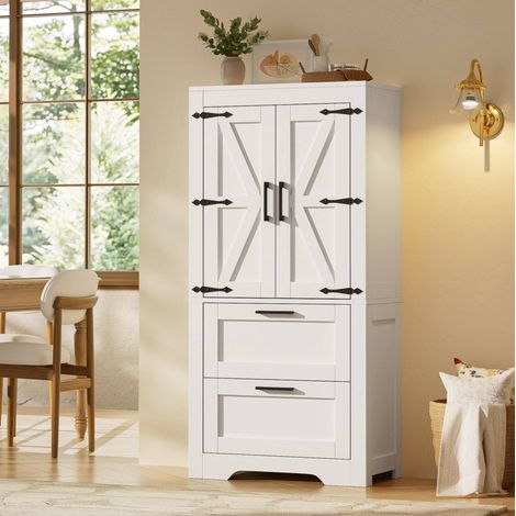 Buffet stile industriale 60x30x128 cm con 2 cassetti e ripiani regolabili, mobile contenitore - bianco (1/5)
