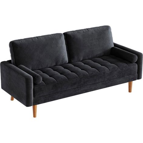 Neche – Canapé droit 2 places en velours noir – Accoudoirs et coussins inclus – Dimensions 148 x 78 x 85cm – Confort optimal et design rétro (1/5)