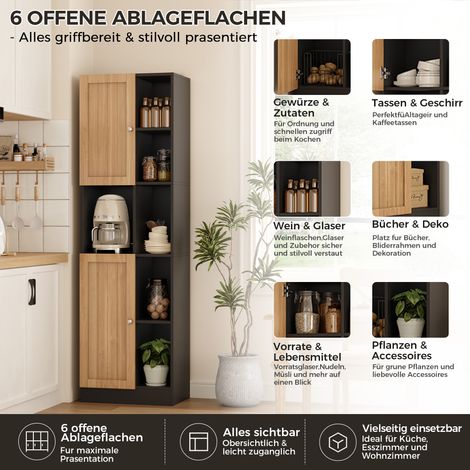 Meuble d'angle cuisine, placard haut avec 6 rayonnages ouverts, 2 battants et tablettes ajustables, rangement étroit pour cuisine, salle à manger, séjour, système anti-chute, 50 x 35,5 x 170 cm, gris (1/5)