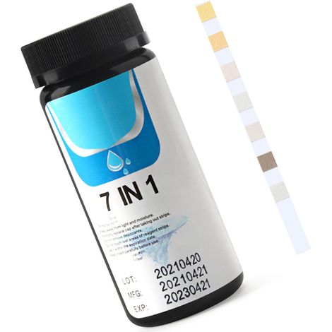 Bandelette de test pH 7 en 1 : alcalinité totale, nitrites, chlore libre, chlore total, dureté totale, brome, acidité et alcalinité de l’eau. Papier test pour l’analyse de l’eau. (1/5)