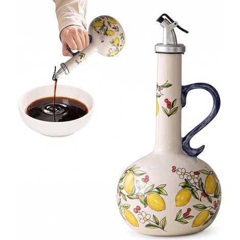 Bouteille à huile avec bec verseur - 600 ml - Bouteille à huile d'olive - Bouteille à vinaigre - Accessoires de cuisine - Céramique - Convient à différents types d'huiles (1/5)