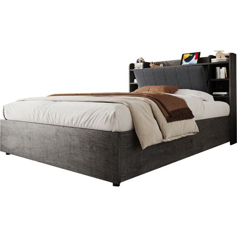 CHICFURN Cama 180x200 cm hidráulica con almacenaje, cabecero con estantes y gran arcón oculto, USB y USB-C, estructura en MDF gris, sin colchón, ideal para dormitorio pequeño (1/5)