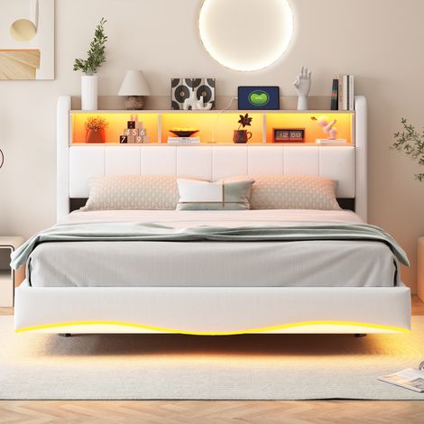 Lit suspendu design en lin 160x200 cm, coffre de rangement intégré, éclairage LED, ports USB-C, beige