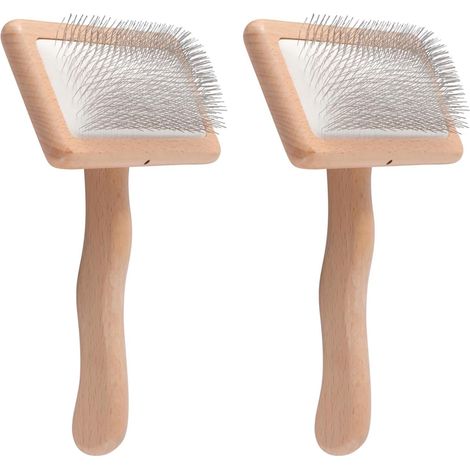 Lot de 2 brosses à carder, poignée bambou, aiguilles acier, pour laine et animaux