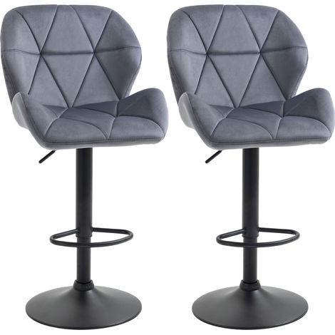 Set 2 Sgabelli da Bar con Altezza Regolabile Base in Metallo Seduta in Velluto, Sgabelli Cucina Alti Girevole con Schienale e Poggiapiedi, 51.5x57.5x93-114.5cm, Grigio
