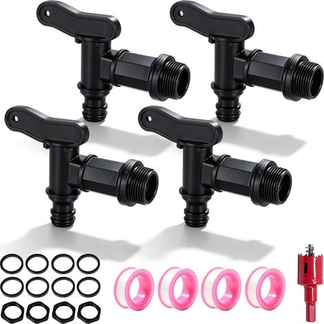 Lot de 4 robinets de vidange pour citerne de pluie, 3/4" avec joint contre-écrou, bande d'étanchéité, robinet de chasse d'eau, robinet de jardin pour tonneau d'eau de pluie, réservoir d'eau, tonneau (1/5)