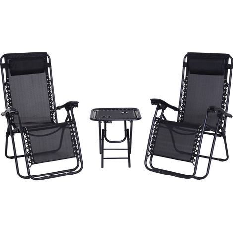 Folding Zero Gravity Chairs, 3 Pieces Adjustable Sun Lounger and Table Set with Cup Holder and Headrest, Patio Bistro Set with Reclining Garden Chairs for Outdoor, Black