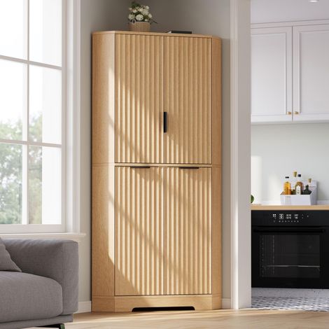 Armadio ad angolo - 60 x 60 x 172 cm - 4 ante scanalate ripiani regolabili salvaspazio grande capienza - stile moderno - MDF - naturale