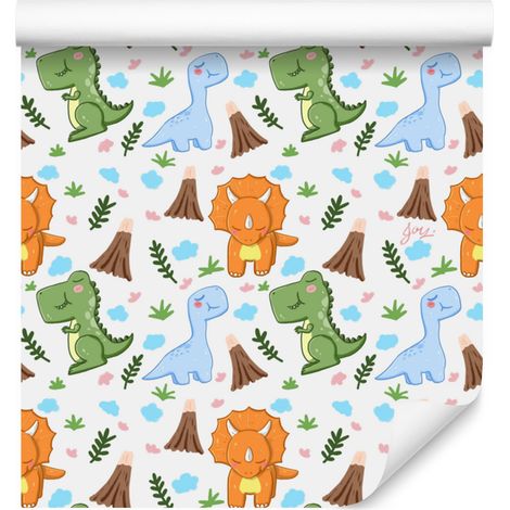 Carta da parati con dinosauri, bianca e verde lime, per soggiorno e camera da letto, 50x1000 cm. (1/5)