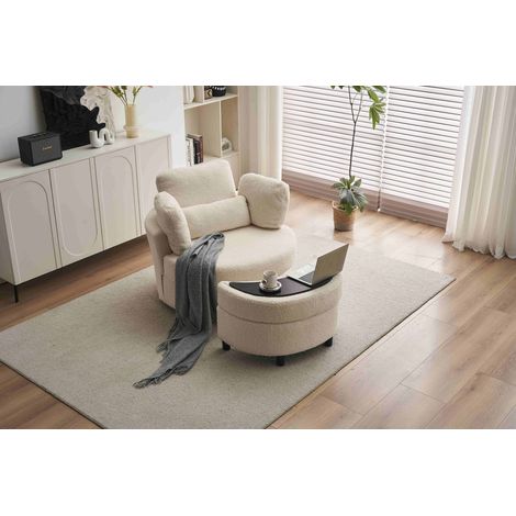 Teddy Swivel Armchair with 3 Back Cushion Pillow Ottoman Crescent Stool, White (1/5)