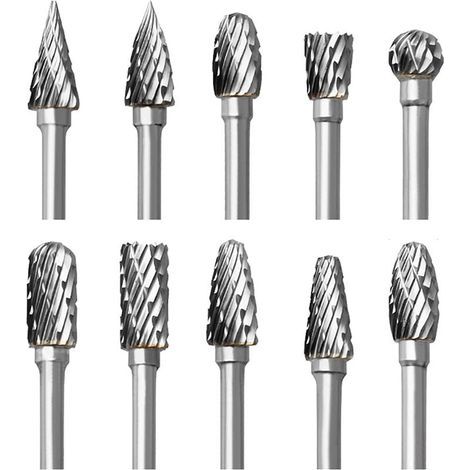Jeu de Fraises Rotatives en Carbure, 10 pièces Double Coupe Fraises pour Dremel Accessoires avec Tige Sculpture sur bois, Perçage, Gravure, Polissage de Métal (1/4)