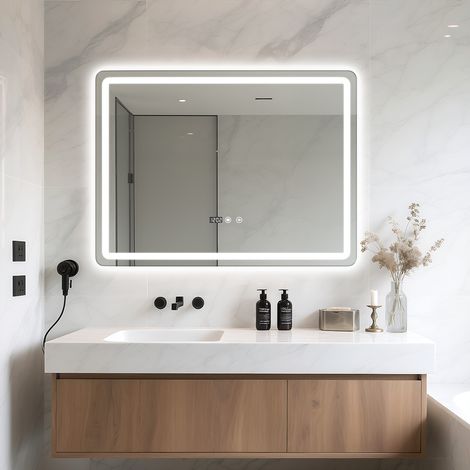 FLASIDU - Miroir de salle de bain mural avec interrupteur tactile LED, fonction antibuée, éclairage avant et arrière, 60 × 80 × 3 cm (1/5)