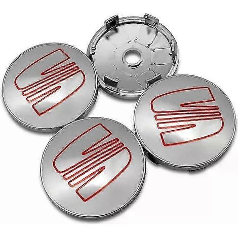 Lot de 4 enjoliveurs centraux de roue de voiture 56 mm et 60 mm, compatibles avec Seat Ibiza 6J 6L FR, Ateca, Altea XL, Leon 2 et Leon. Couleur : argent/rouge. (1/4)