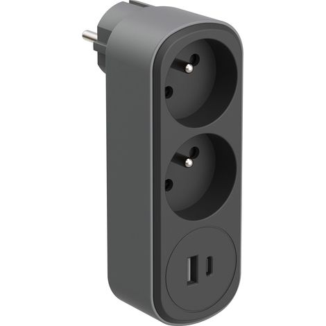 Adaptateur Fiche Multiprise Biplite 2 Prise 16A avec 2 USB (1 type A+ 1 type C) 17W, Noir/Gris (1/5)