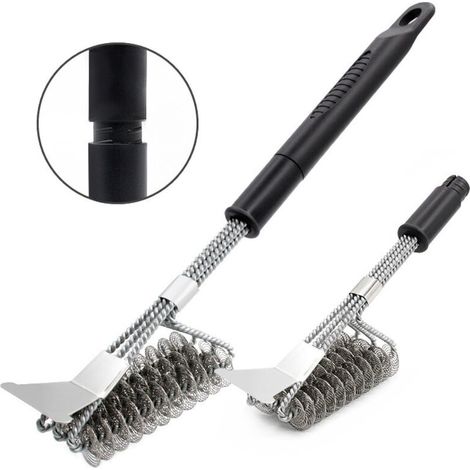 Brosse de nettoyage pour barbecue, manche long de 45 cm, 2 pièces, avec grattoir intégré, accessoires de cuisine d'extérieur (1/5)