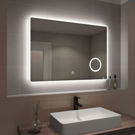 EMKE LED Bathroom Mirror Illuminated Wall Mirror Touch Switch + Demister Pad + Shaver Socket + 3X Magnifying Mirror, 1000 x 700mm, Horizontal (1/5)