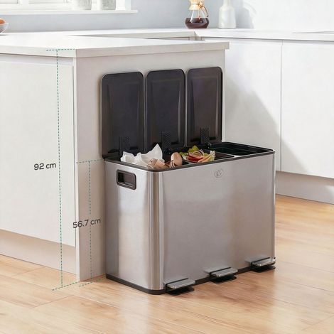 Poubelle de cuisine, poubelle tri sélectif, 3 compartiments de 20L, seaux intérieurs amovibles, 61,9x36,6x56,7cm, argent (1/5)