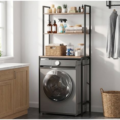 Waschmaschinenregal 67x40x161.8 cm braun aus Metall mit 3 Ablagen und Trockenstange (1/5)