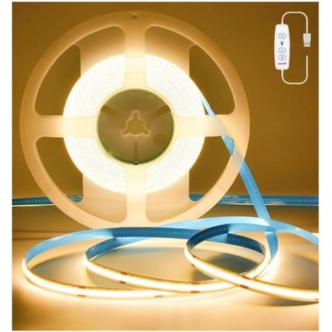 Bande LED COB USB 1 m, à intensité variable, USB 12 V, blanc chaud 3000 K, éclairage TV LED 320 LED/m, bande LED flexible (1/5)