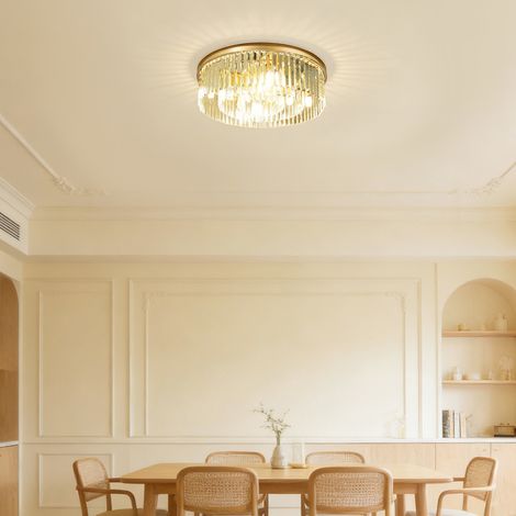 YISSALE-Lustre en cristal moderne 8 x E14 - Suspension LED design flamme et gouttes de pluie - Luminaire de plafond carré doré Pour salon, chambre et salle à manger - Classe énergétique E (1/5)