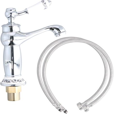 1 Mitigeur Lavabo Laiton, Poignée Céramique, Tuyau Flexible 60cm, Design Rétro Floral, Salle de Bain (1/5)
