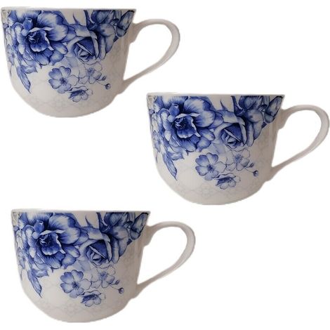 Tazzone da latte Tazza colazione fiori blu o rosa set da 3 cucina idea regalo in ceramica eleganti particolari - colorigenerali: BLU (1/4)