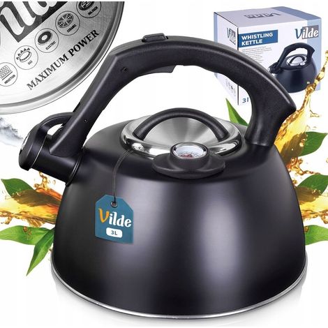 Bollitore nero con fischietto e termometro per far bollire l'acqua su fornelli a gas o a induzione. (1/5)