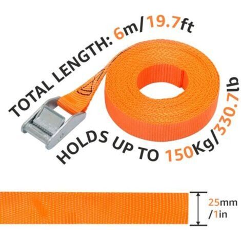 Sangles d'arrimage, 6 m de long, 25 mm de large, capacité de charge de 150 kg, lot de 4, orange (1/4)