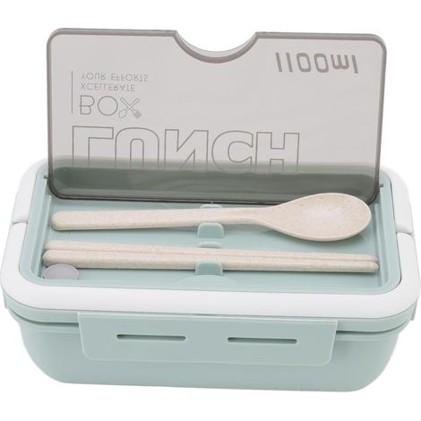 Boîte à lunch compartimentée à 2 compartiments, 1100 ml, style bento pour adultes, avec cuillère et baguettes, idéale pour le bureau et l'école (vert). (1/5)