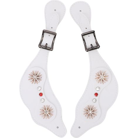 Stivali da cowboy vintage con cinturini per speroni, strass e stampa floreale, per cavalieri, lunghezza regolabile, fatti a mano, bianchi.