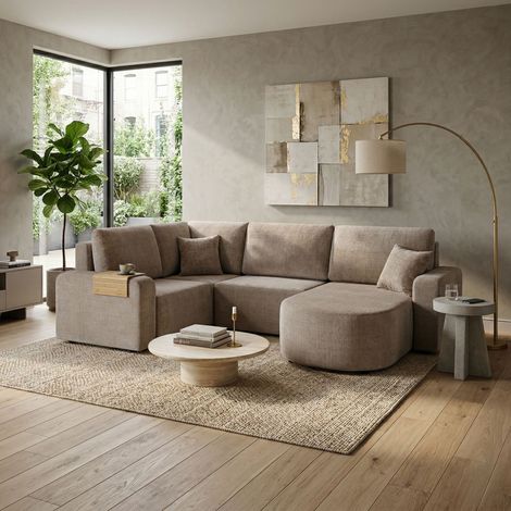 Canapé en U modulable 5 places en tissu texturé beige - MODULYS