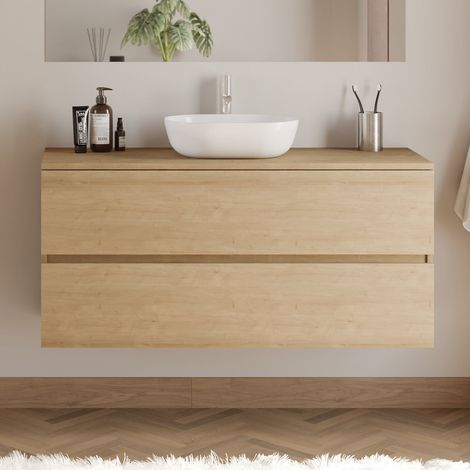 Meuble de salle de bain 120cm avec plateau et vasque à poser arrondie - 2 tiroirs - sans miroir - nebraska (chêne clair) - IDA (1/5)