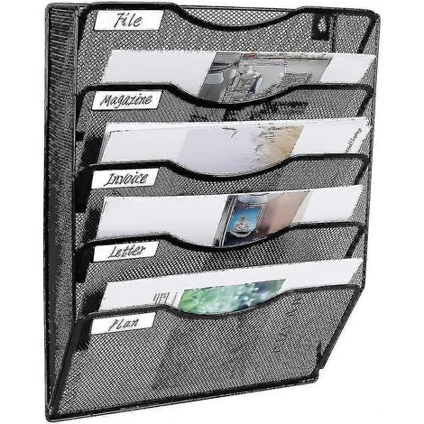 Porte-documents mural en maille à 5 poches pour bureau porte-revues trieur de courrier Étiquette nominative incluse noir (1/4)