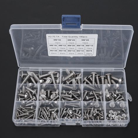 Assortiment de 180 vis autotaraudeuses à tête plate en acier inoxydable M3, M4, M5 et M6 pour usages multiples (1/5)