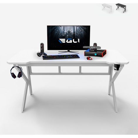 Bureau gamer ergonomique 160x60cm – Surface en fibre de carbone hydrofuge – Cadre en fer galvanisé – Porte-gobelet intégré – Egli