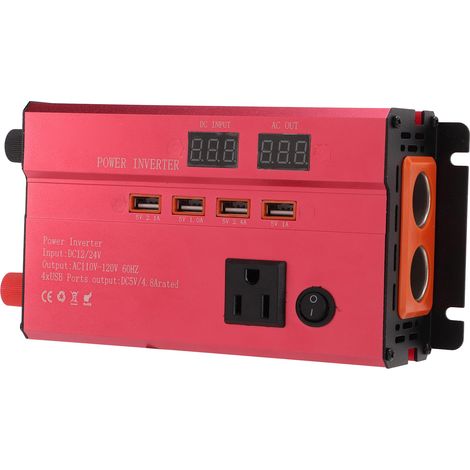 Convertisseur de courant continu 12 V/24 V vers 110 V CA (onde sinusoïdale modifiée) pour voiture, avec prise américaine, 4 ports USB et 2 prises allume-cigare. (1/5)