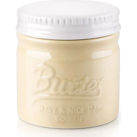 Beurrier en céramique DOWAN avec couvercle, conserve le beurre frais et aromatique, design français, compatible lave-vaisselle, beige (1/5)