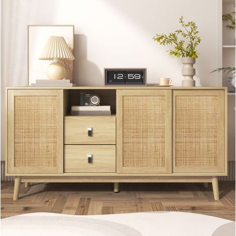 Aparador 155x38x80 cm color madera en MDF y tablero de partículas con ratán natural, 3 puertas correderas y 2 cajones (1/5)