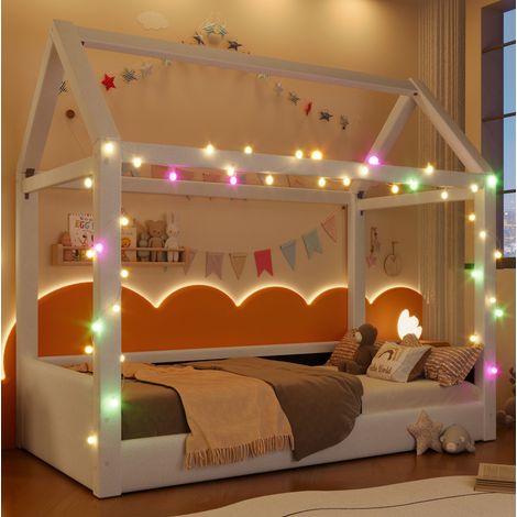 Letto imbottito in MDF e tessuto beige 90x200 cm con LED, design casetta e rete a doghe inclusa (1/5)