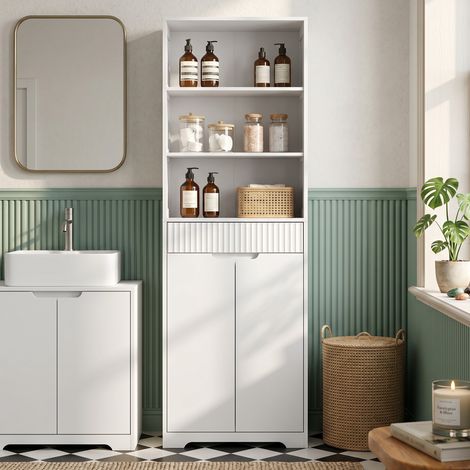 Meuble haut de rangement blanc pour salle de bain, 2 portes à fermeture douce, 1 tiroir, 3 compartiments ouverts et étagères réglables (1/5)