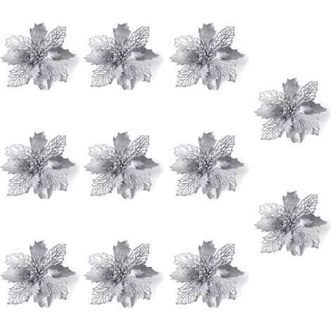 10 Pièces Décoration de Noël Fleurs, Noël Poinsettia Glitter Ornement, Fleur de Noël Artificielle, Ornements de Décoration de Noël (Argent) (1/5)